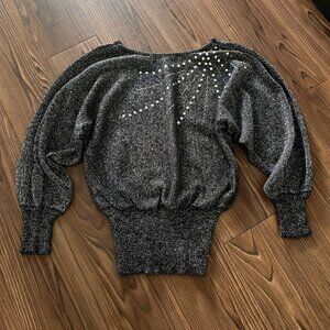 Vintage 1980s Black/Silver Metallic Sequin Starburst Dolman Sweater M